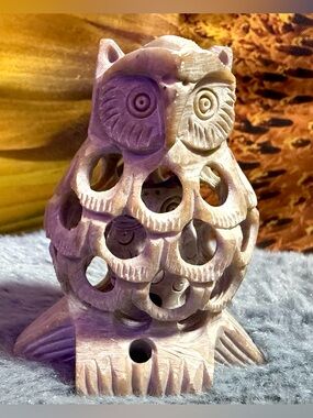 Hand Carved Owl Figurine Pierced Lattice Jali Folk Art Statue Sculpture